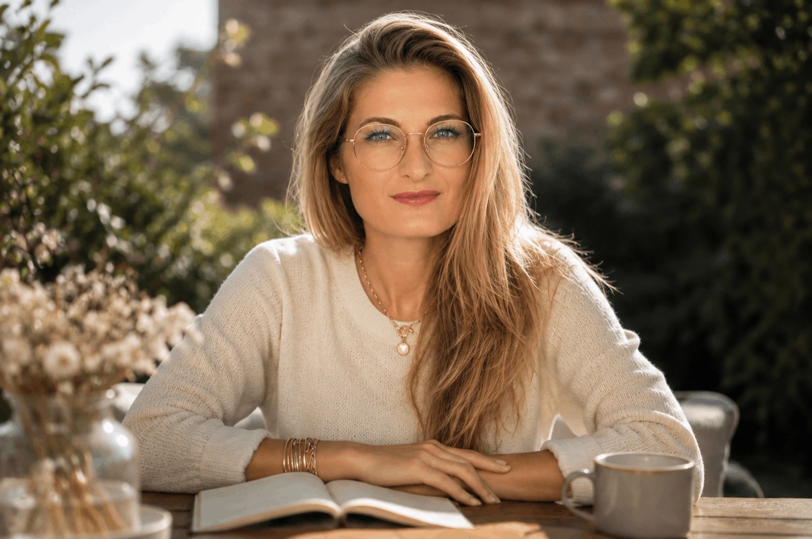 Simina Ilea in glasses and a cream sweater, sitting at a garden table with an open notebook and a cup